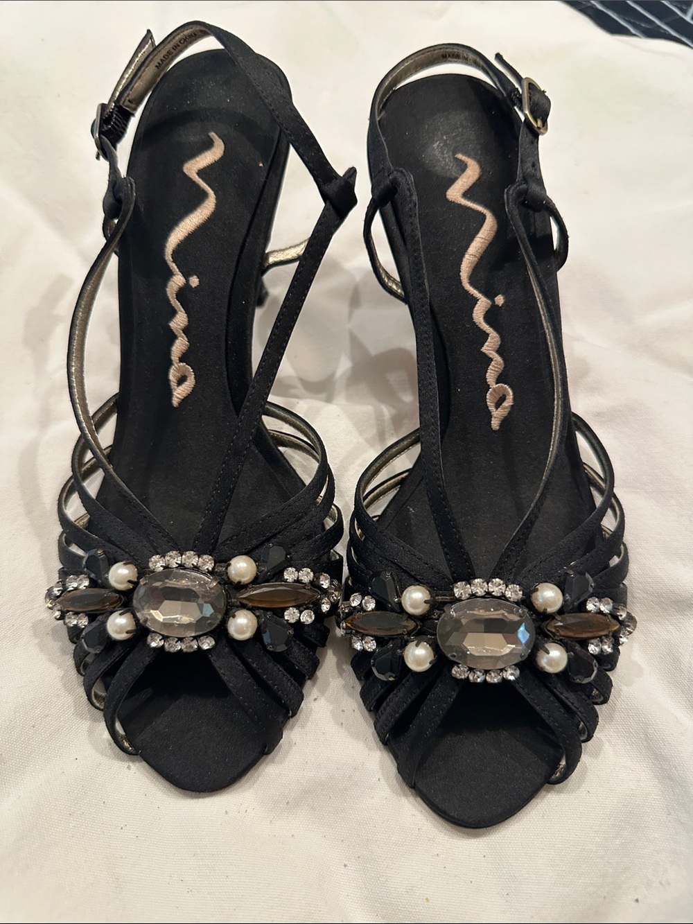 Nina Black Jewel & Pearl Strappy Slingback Heels